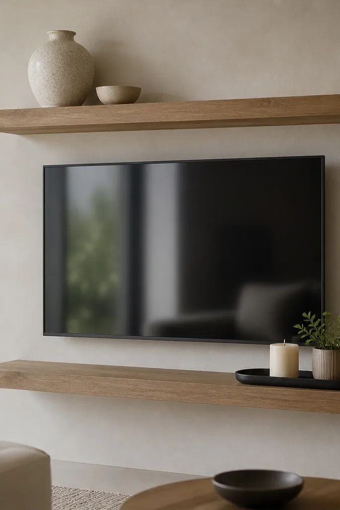 Two floating shelves around a TV; top shelf has a speckled off-white stoneware vase and a small bowl; bottom shelf has a black tray holding a candle and a small plant.