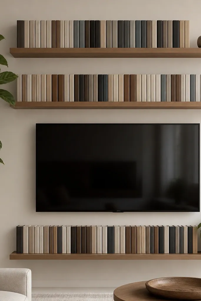 Three floating shelves around a TV; each shelf has a neat row of slim books with aligned spines, with only one small object on the top and one plant on the bottom.