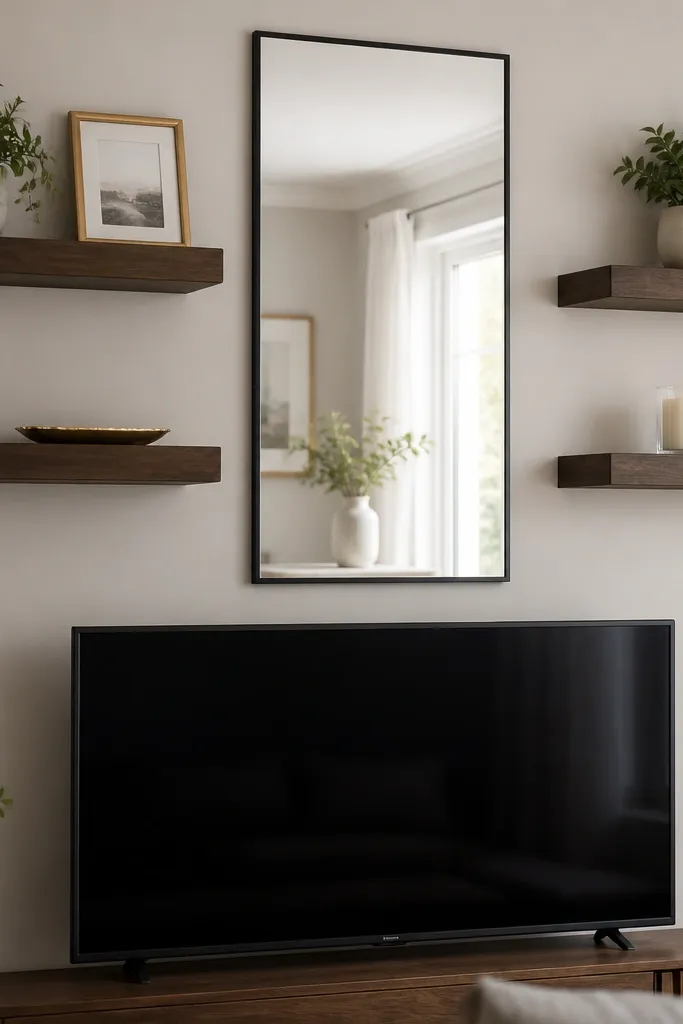Two floating shelves flank a vertical rectangular mirror between them above a TV; the mirror reflects light and decor; top shelf holds a small plant and a frame, bottom shelf holds a candle and a tray.