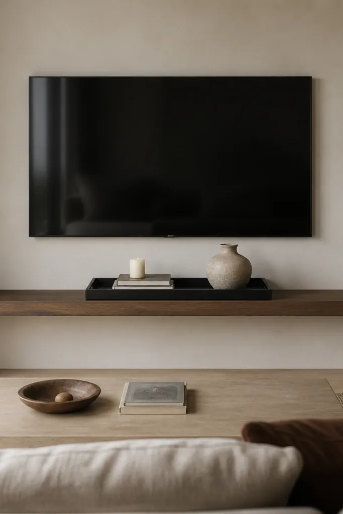 One wide floating shelf spanning most of the TV width; a large black tray sits centered with a candle, a small book stack, and a ceramic vase; sides have minimal spacing.