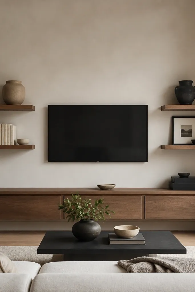 Two floating shelves around the TV; left side has a stack of cream books and a beige vase, right side has charcoal decor and a black frame; decor is color-blocked across the shelves.