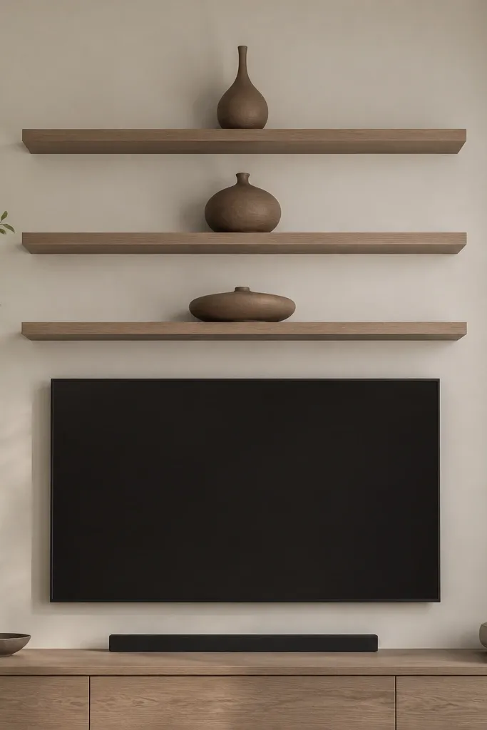 Three floating shelves; each shelf holds a single sculptural vase in a different shape but same color family; the TV is centered below.