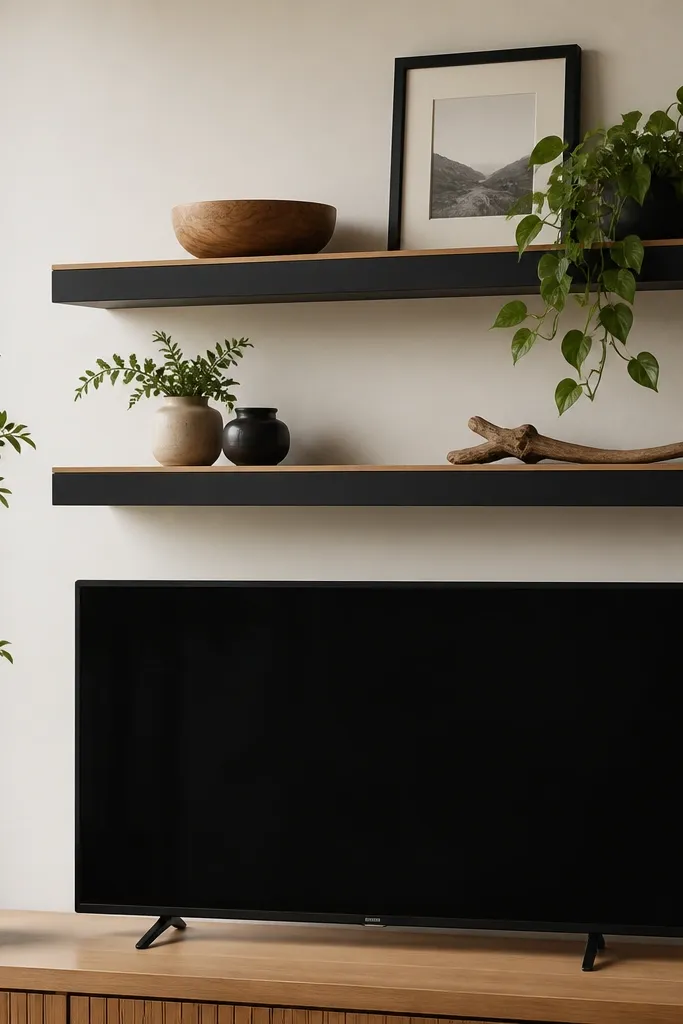Two floating shelves above a TV; the shelf fronts are black while the top surface is light oak; styling includes a small wood bowl, black frame, and a green plant.