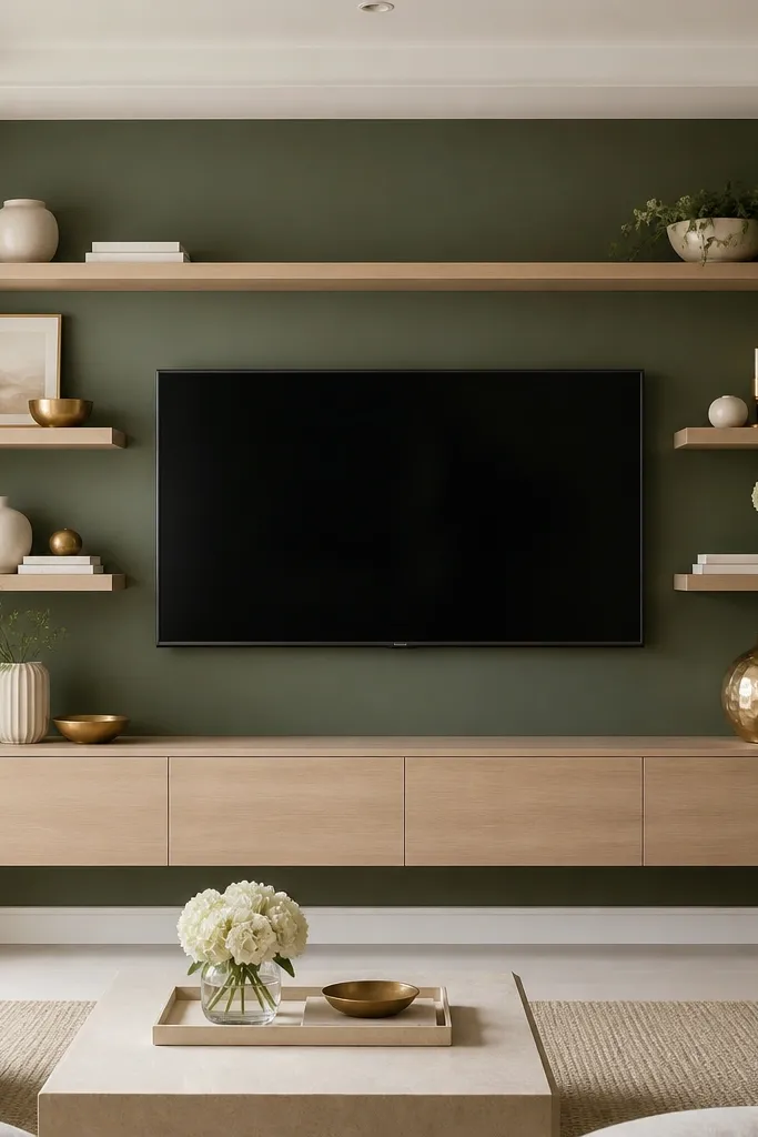 Floating shelves around a TV with a subtle color panel behind the decor area; the shelves hold items in cream and gold tones, and the back panel is a soft deep green.