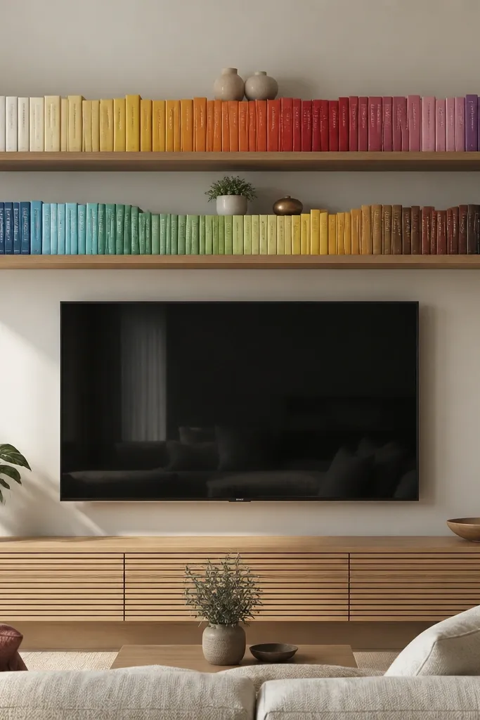 Two floating shelves spanning almost the full TV width; both shelves have books arranged so spines form a continuous color band; small objects sit centered above the book stacks.