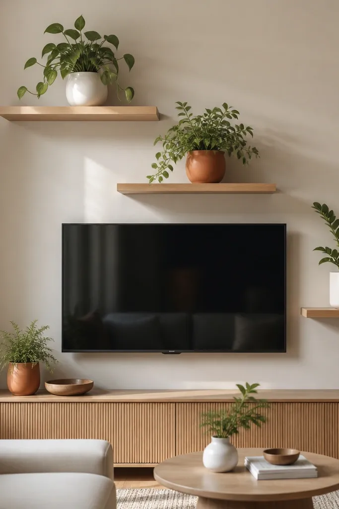 Three floating shelves; each shelf has a plant in a different height, creating a staircase effect around the TV; the plants are in matte white and terracotta pots.