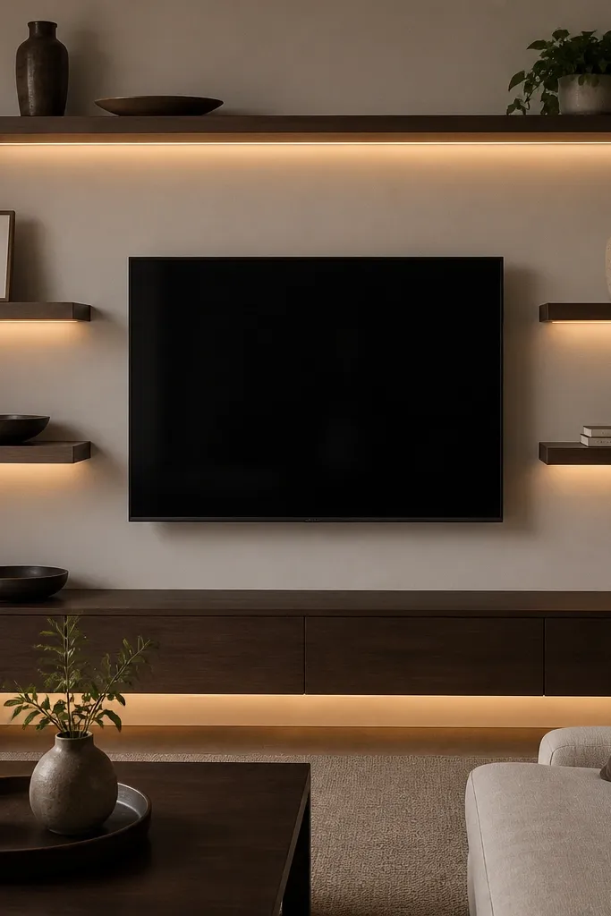 Floating shelves around a TV with a subtle warm LED glow under the shelf edges; decor includes a small framed photo, a low tray, and a tall vase; the wall looks softly lit.