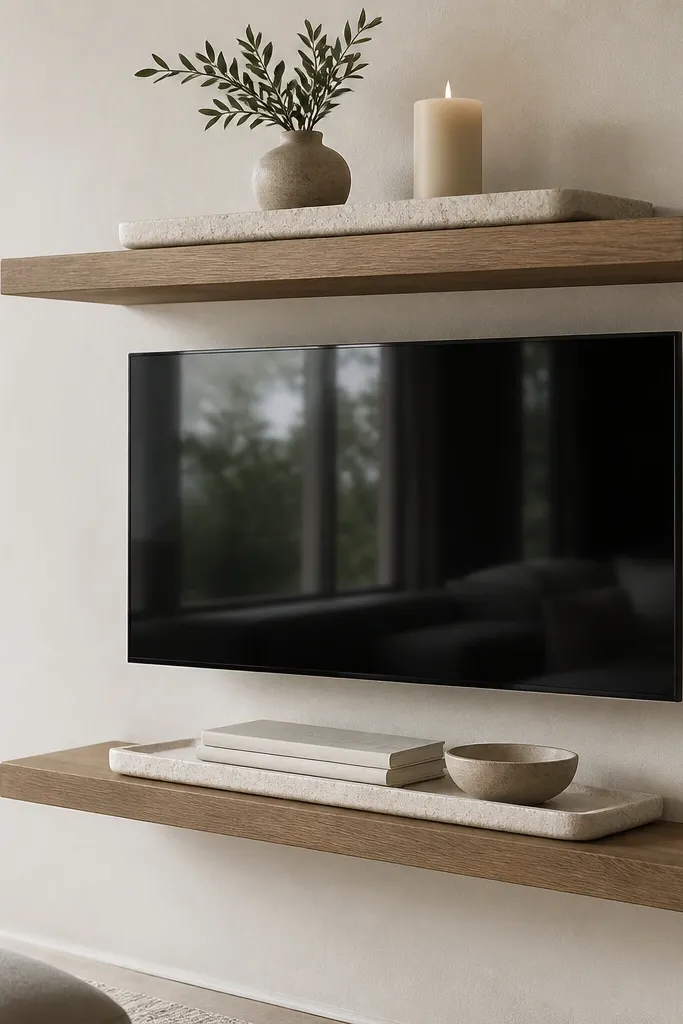 Two floating shelves around a TV; each shelf has a large light stone tray; on the top tray are a candle and small vase, and on the bottom tray are a book stack and a small bowl.