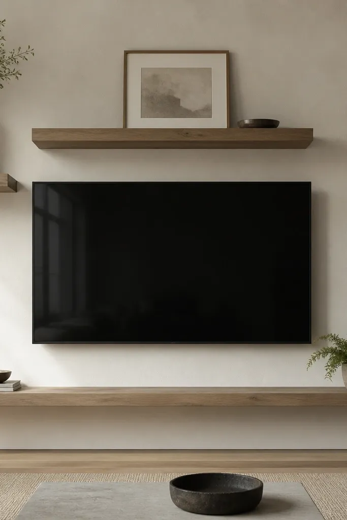 Three shelves with staggered heights around an oversized TV; left shelf is higher than right; decor includes a tall vase on the left top, a medium frame center, and a low plant at the bottom right.
