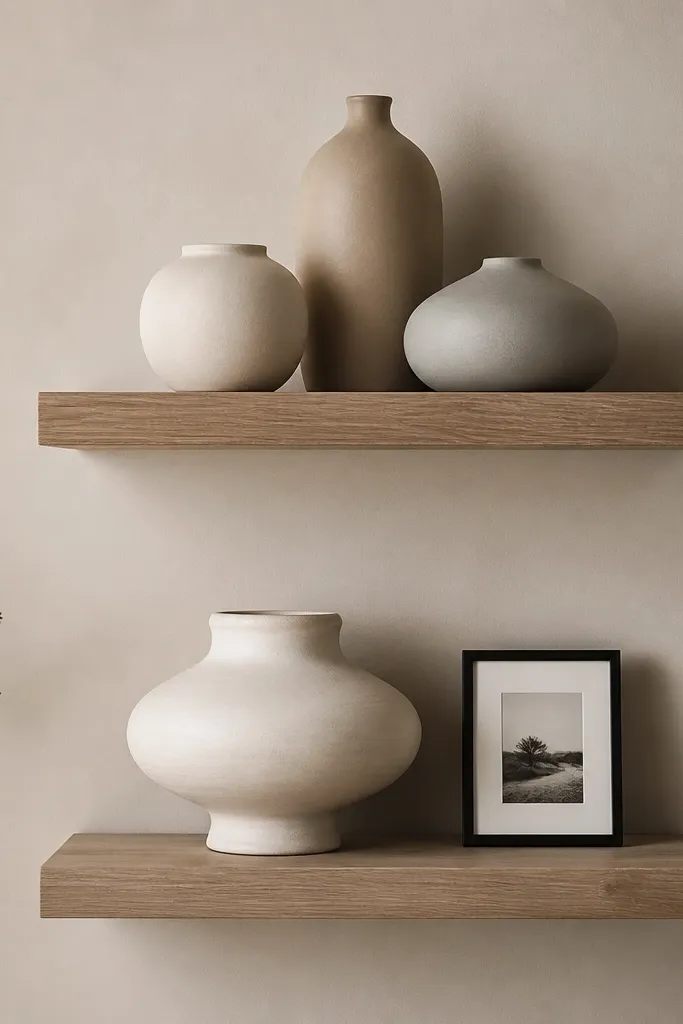 Two floating shelves; top shelf has a set of three monochrome ceramic pieces (cream, taupe, light gray) arranged in a triangle; bottom shelf has one large cream vessel and a small black frame.