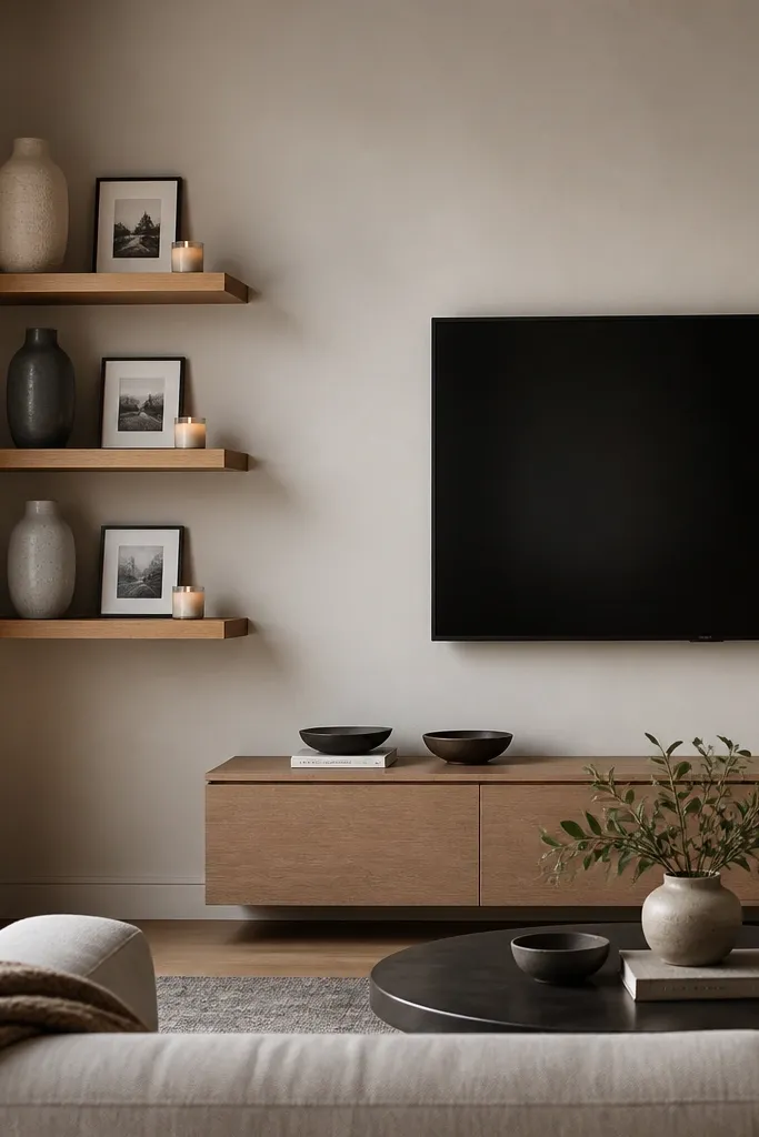 Three floating shelves in the living room corner. The TV is centered on the wall opposite the corner, and the shelf fronts align with the TV's approximate eye line. Warm oak shelves with slim black hidden brackets. Each shelf holds one tall ceramic vase, one framed photo, and one small candle.