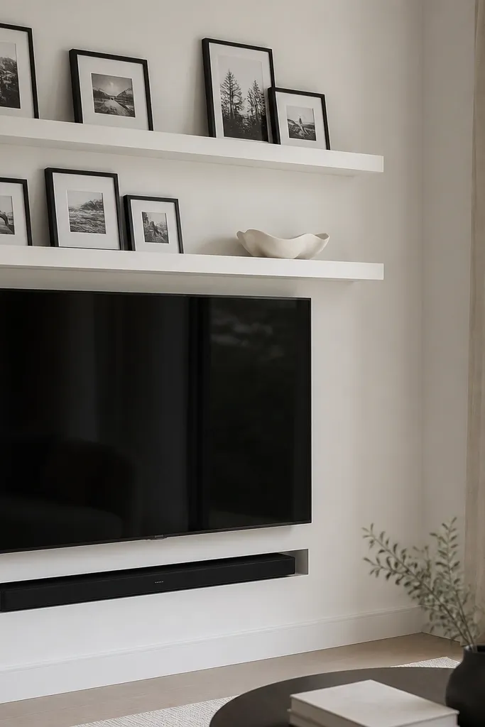 A corner with two floating shelves that look like they're floating with no visible hardware. The shelves are painted matte white. The TV sits on the wall below, and a slim soundbar shelf is notched under it. The shelves hold a row of small matte black picture frames and a single sculptural white bowl.