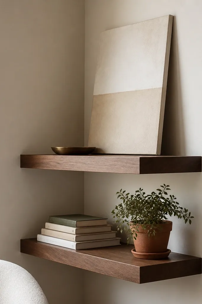 Two walnut floating shelves in a corner. On the top shelf there's a large leaning canvas art piece and a small brass tray. On the bottom shelf there's a stack of books and a small plant in a terracotta pot.