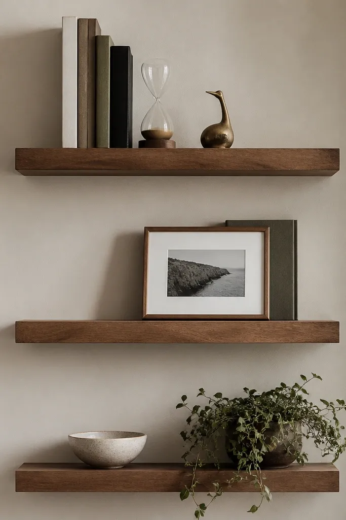 Three floating shelves. The top shelf has a vertical stack of books with visible spines, a small hourglass, and a tiny brass sculpture. The middle shelf has a framed photo leaning against a book. The bottom shelf has a ceramic bowl and a low plant.