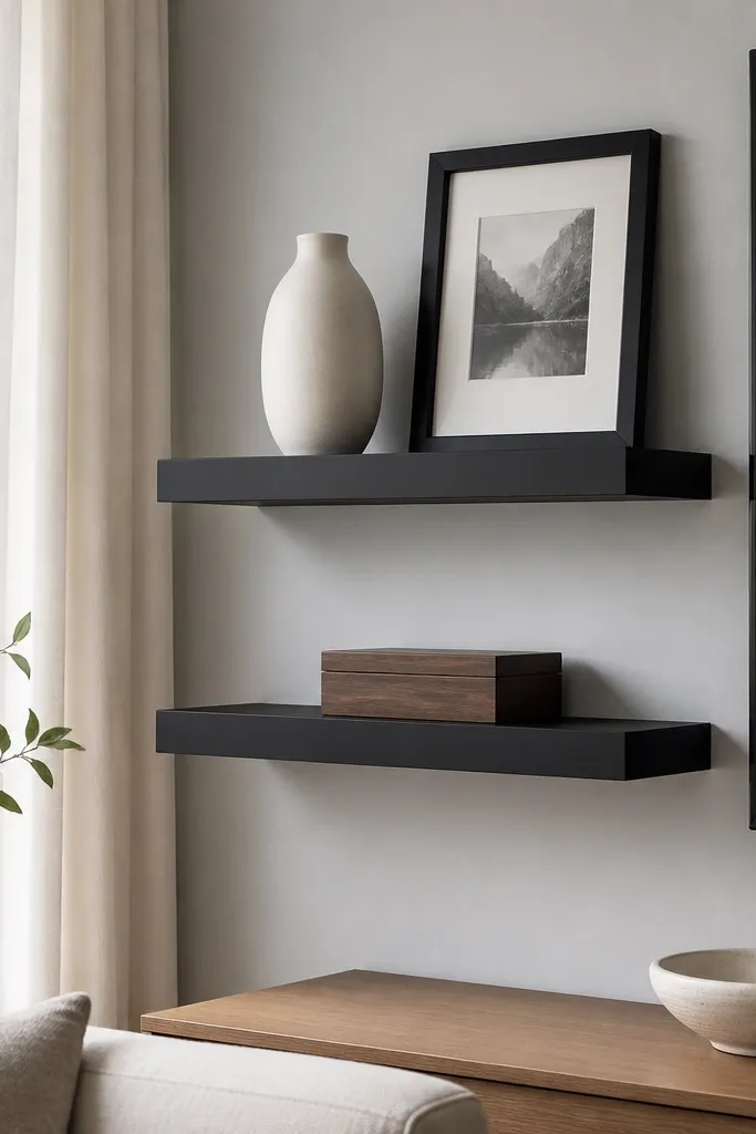 Two black floating shelves in a bright living room corner. The wall is light gray. The shelves hold a matte white vase, a black picture frame, and a small wooden box. The TV is nearby and the shelves align with it.