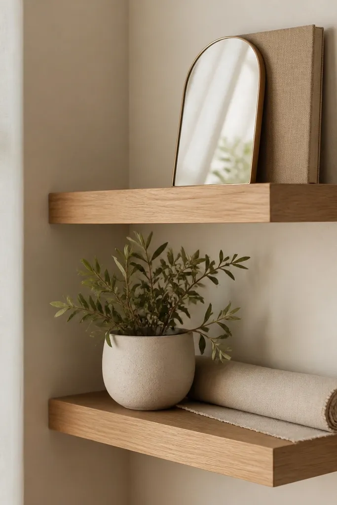 Two floating shelves in a corner. The shelves are light oak. On the top shelf there's a small arched mirror leaning against a book. The bottom shelf has a white ceramic planter and a rolled linen runner.
