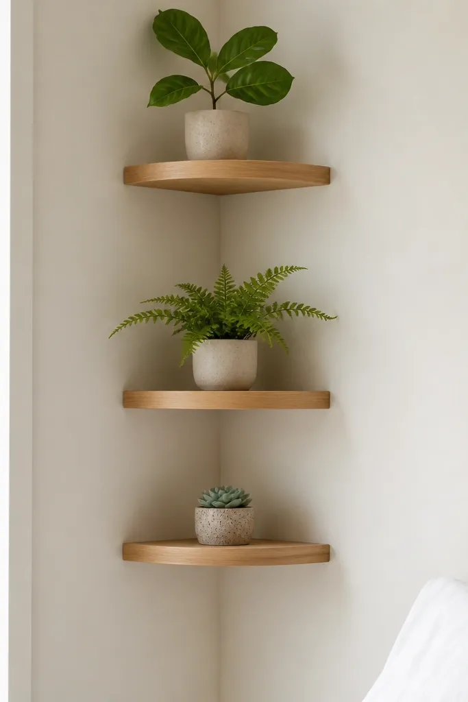 Three narrow floating shelves in a corner. The shelves are slim, light wood. Each shelf holds one plant with different leaf sizes, like a small fiddle leaf cutting, a fern, and a tiny succulent. Minimal other decor.