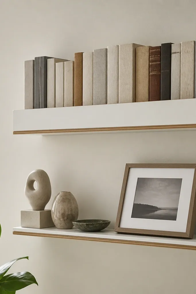 Two floating shelves where the top shelf has a book ledge effect: books are placed upright like a mini wall. The bottom shelf has a few small sculptures and a framed photo. The shelves are white with subtle wood edge.