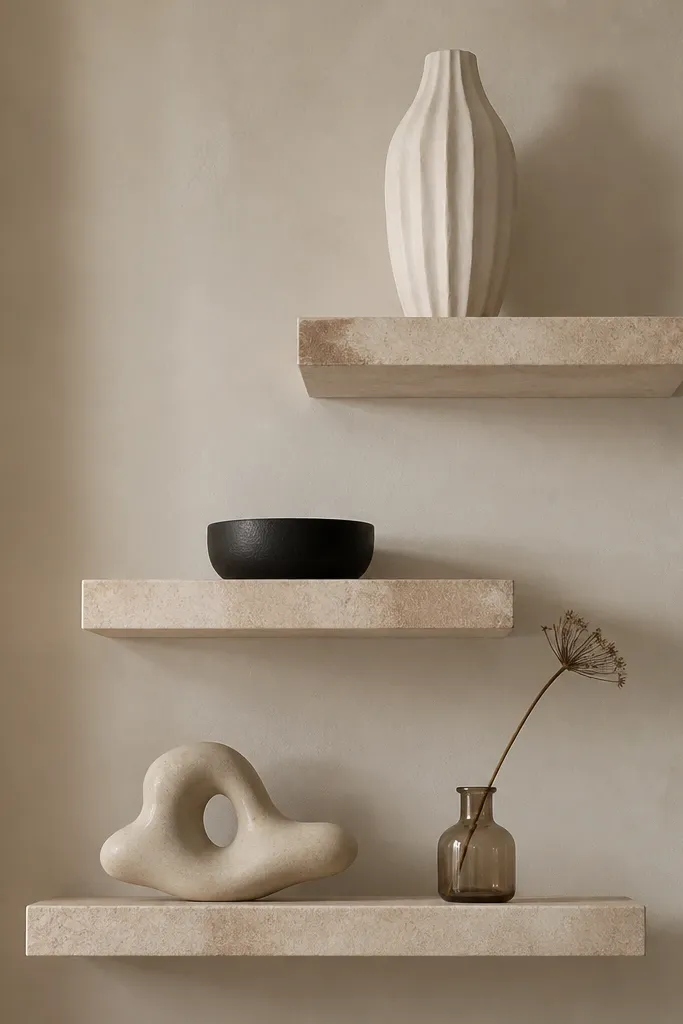 Three floating shelves with a sculptural theme. Top shelf has a tall off-white ceramic vase with a fluted texture. Middle shelf has a small black ceramic bowl. Bottom shelf has a low cream sculpture and a single dried stem in a jar.