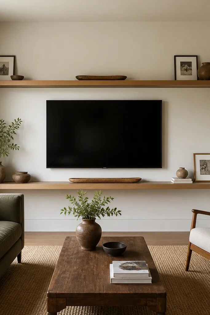 Two floating shelves that run along both walls near the TV, almost like a frame around the screen. The shelves are medium oak. The TV is centered in the gap. Decor includes two small framed prints and one long runner on each shelf.