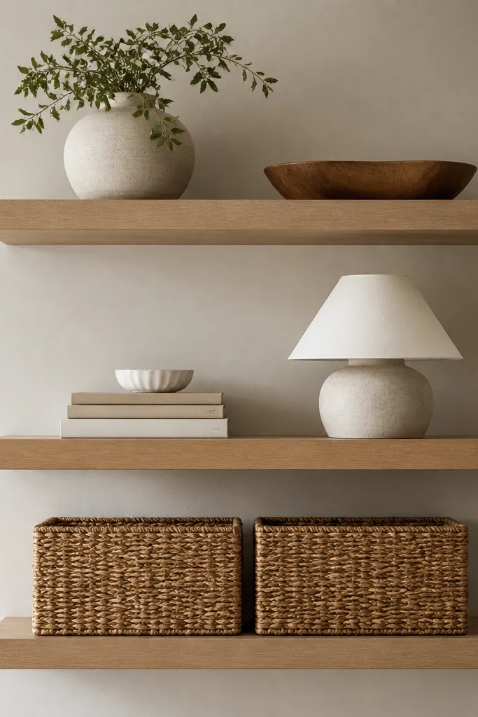 Three floating shelves with baskets on the bottom shelf and decor above. The shelves are light oak. On the bottom shelf, two woven baskets sit side by side. Above, there's a small stack of books and a ceramic lamp shade.