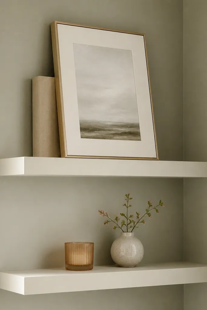 Two painted shelves in a pale green room corner. The shelves are warm white. The top shelf holds one large statement frame leaning against a book. The bottom shelf has a small candle holder and a tiny vase.