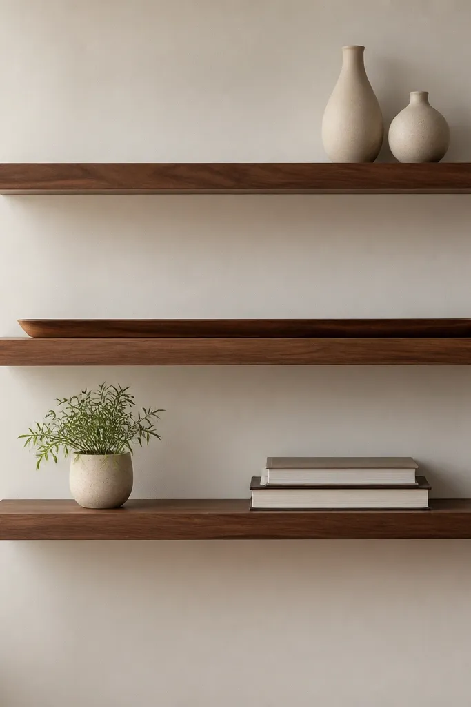 Three floating shelves with a long low tray on the middle shelf. The shelves are walnut. The top shelf has two small vases. The bottom shelf has a small plant and a stack of books. The middle shelf tray runs nearly the full length.