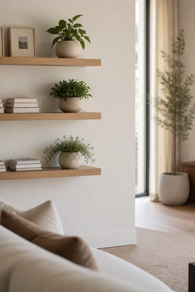 Three floating shelves where the left side is symmetrical. The shelves are natural wood. On each shelf, there are two matching book stacks or matching frames on the left and a single plant on the right. The TV is positioned across the room.