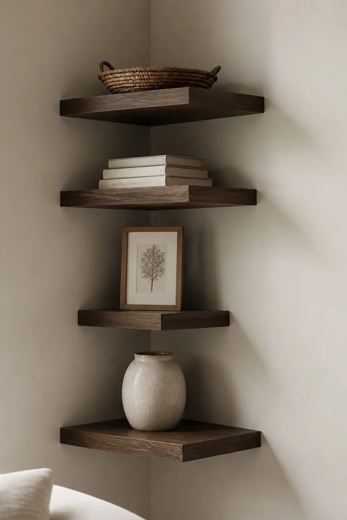 Four floating shelves in a corner with staggered depths. The top shelf is deeper and holds a shallow basket. The second shelf is slightly shallower with a book stack. The third shelf is narrow with a framed print. The bottom shelf is medium with a ceramic vase.
