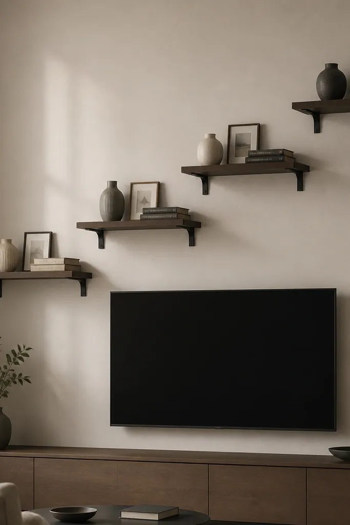 A TV wall with four staggered floating shelves in smoked oak. The brackets are matte black, and the shelves step up from left to right. Each shelf holds a single ceramic vase, a small framed photo, and one book stack with the spines facing outward.