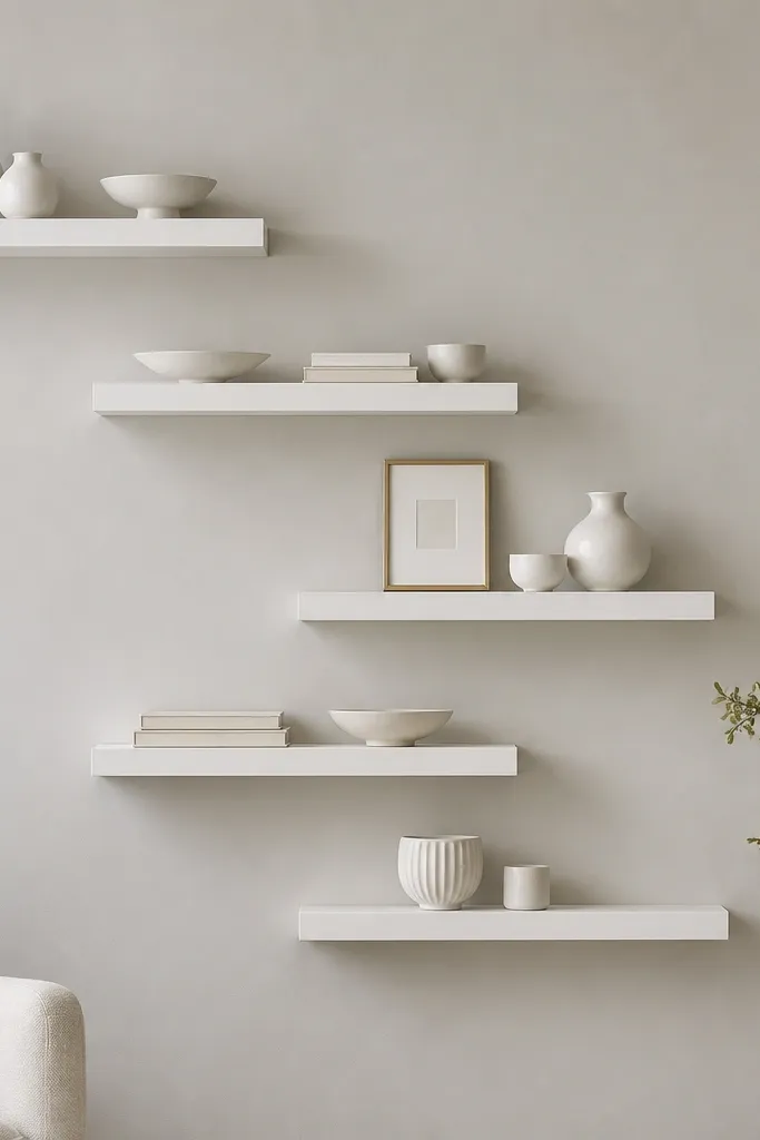 Five white floating shelves staggered like a wave across a light gray wall. The shelves hold mostly white ceramics, one slim brass picture frame, and a few stacked books with white covers.