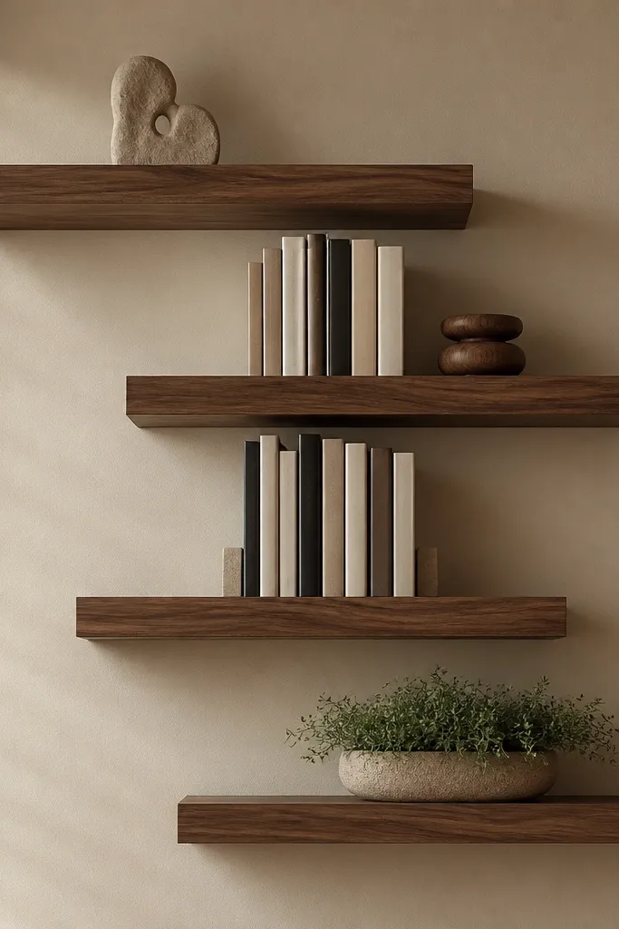 Four walnut floating shelves staggered across a warm beige wall. A vertical line of books runs down the center shelves, while the outer shelves hold small sculptures and a low planter.