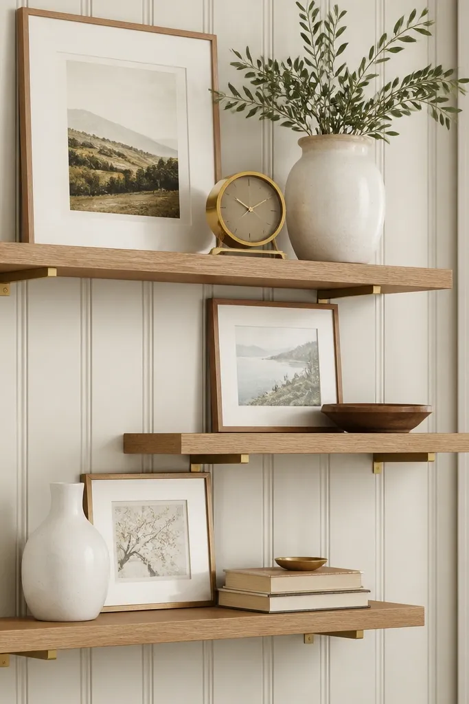 Staggered floating shelves mounted on a subtle beaded plank panel. The shelves are light oak with brushed brass shelf supports. Decor includes a small brass clock, a white vase, and framed prints.