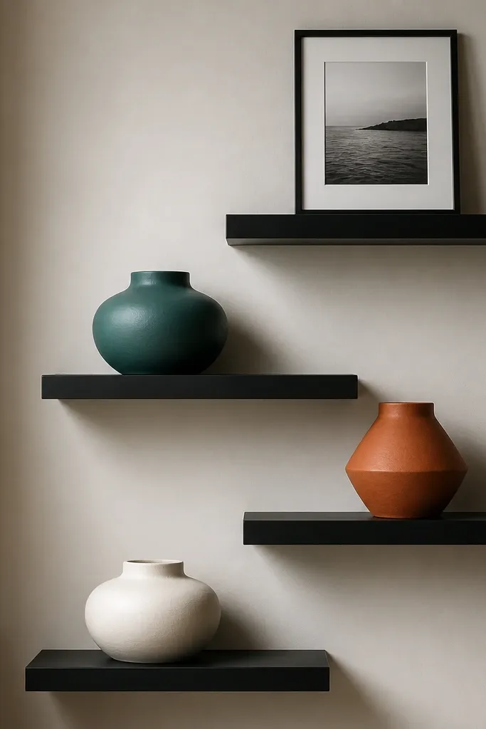 Three black floating shelves staggered slightly. Each shelf holds one bold ceramic in a different color: teal, terracotta, and off-white. There's a single framed photo on the highest shelf.