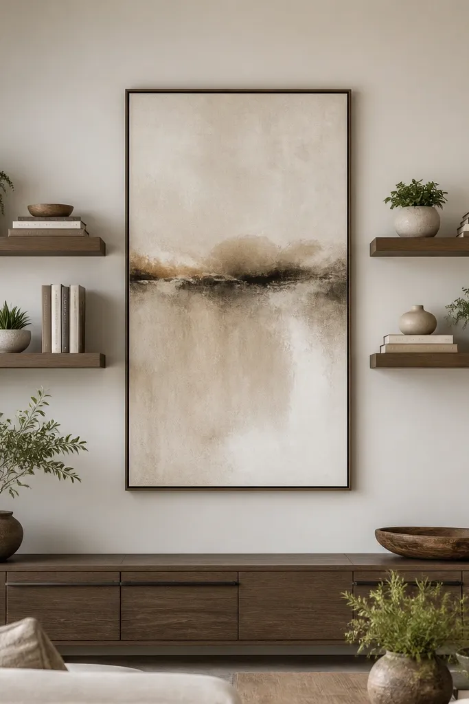 A large centered wall art piece with two staggered rows of floating shelves on either side. The shelves step outward from the center and hold small planters and stacked books.