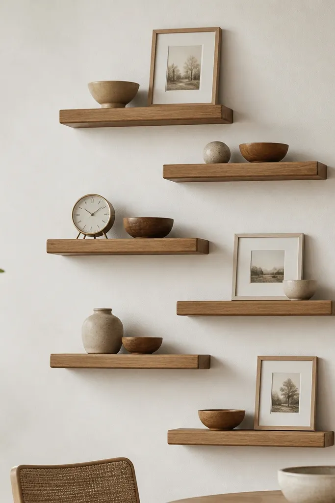 Six short floating shelves arranged in a tight stagger that forms a subtle herringbone pattern. The wall is warm white, and the shelves display small bowls, a clock, and picture frames.