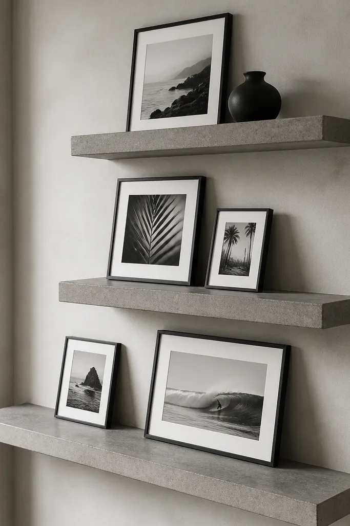 Floating shelves in a concrete gray finish staggered in three tiers. Black-and-white photos sit upright in frames, with one small black vase on the highest shelf.