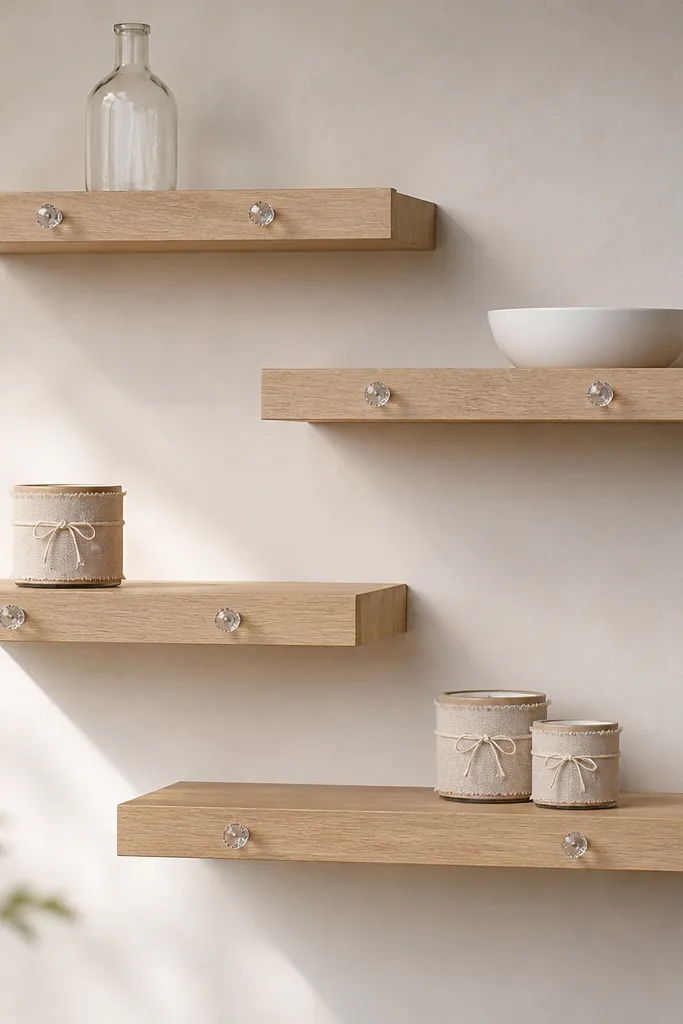 Four light oak shelves with small glass knob accents on the shelf fronts. Staggered layout holds a clear glass bottle, a white bowl, and linen-wrapped candles.