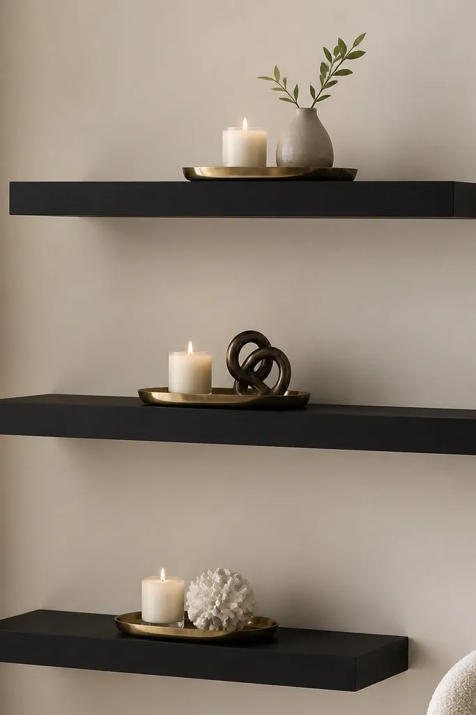 Three jet black floating shelves staggered vertically. Each shelf has one brass tray at the center with a small candle and one decorative object.