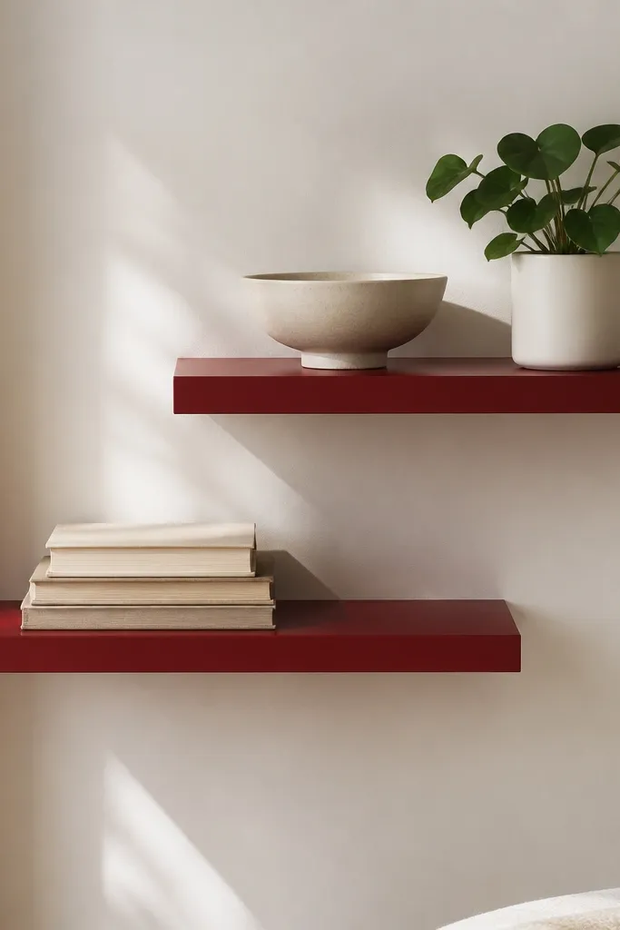 Two cherry red floating shelves staggered on a pale wall. The shelves hold a neutral ceramic bowl, a stack of beige books, and a small plant in a white pot.