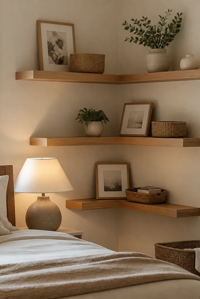 Corner floating shelves staggered along both walls, creating an L-shape. The shelves hold a reading lamp base, framed quotes, and small baskets.