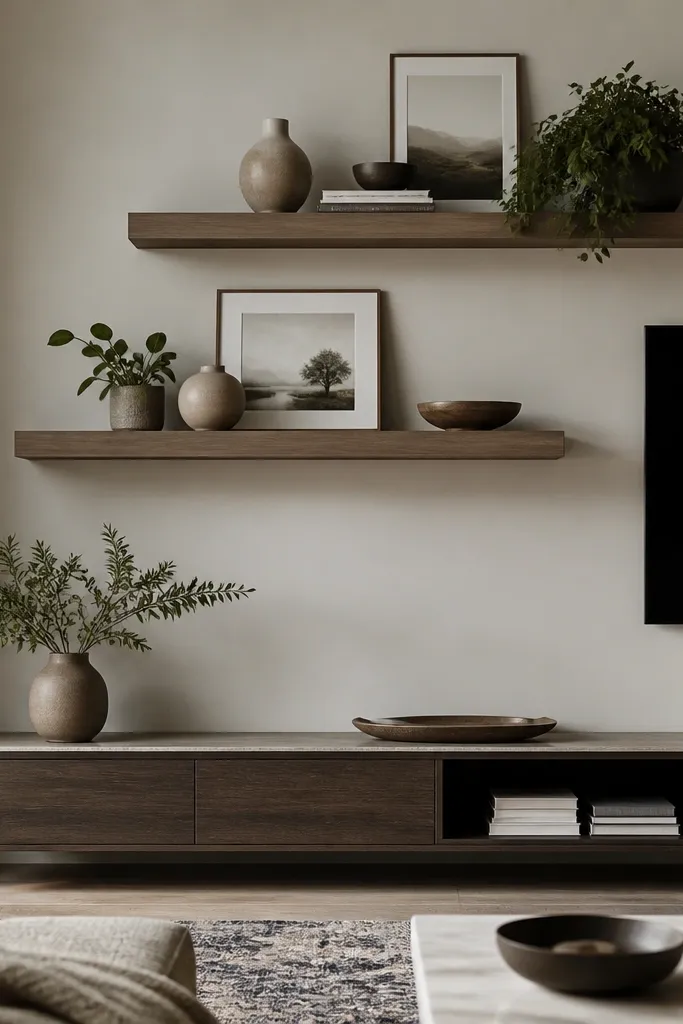 Staggered shelves mounted above a low media console. A small cable tray is hidden behind the lower shelf area, and decor sits in front with a plant and framed art.