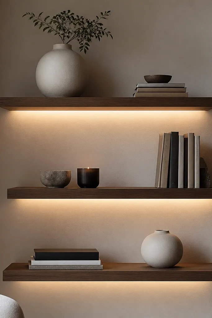 Three staggered shelves with a soft under-shelf LED strip. The light creates a glow on the wall behind each tier. Decor includes a white ceramic, a small black candle, and books.