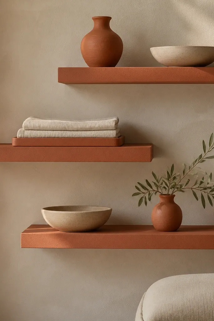 Staggered terracotta-colored floating shelves in three tiers. The decor includes white linen throw folded on a small shelf tray, a terracotta vase, and a beige ceramic bowl.