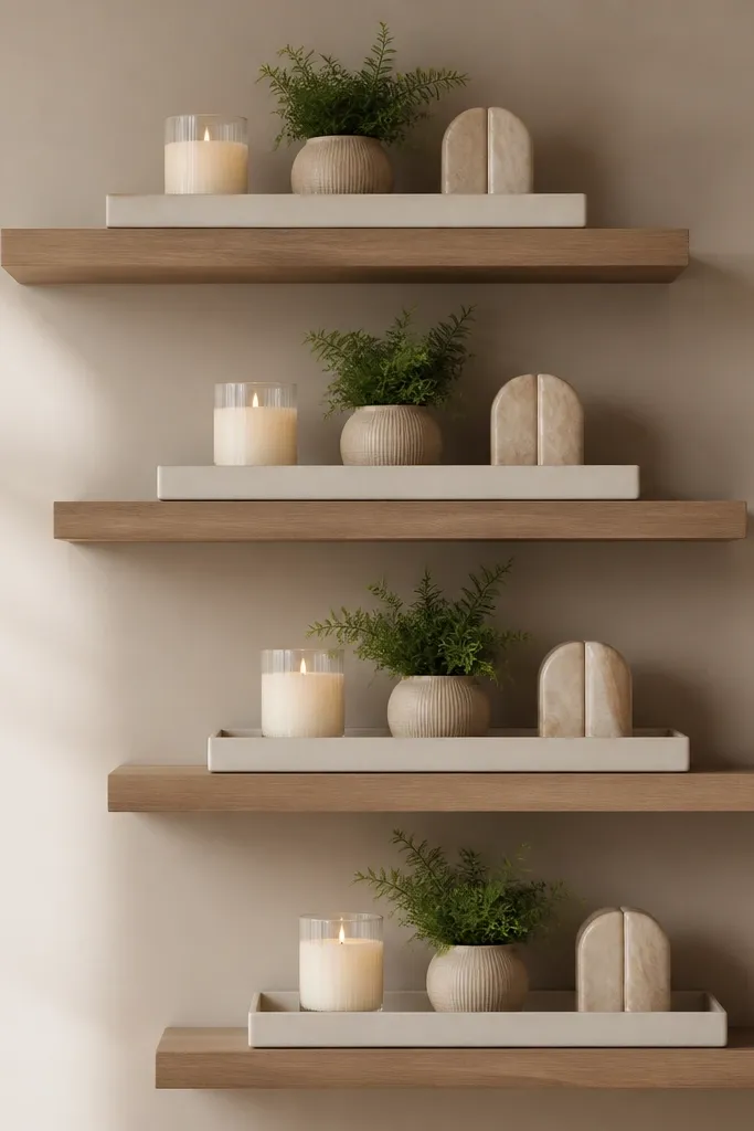 Four staggered shelves with identical neutral trays on each tier. The trays hold one candle, one small plant, and one pair of bookends. Wall is light taupe.