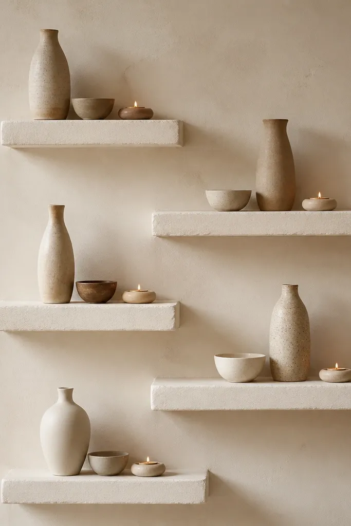 Five plaster-finish shelves in a warm off-white staggered across a cream wall. Each shelf has layered ceramics: a tall vase, a small bowl, and a low candle holder.
