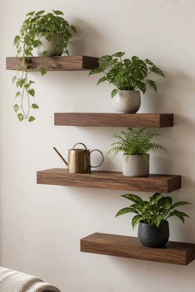 Four walnut floating shelves staggered in a ladder pattern. Each shelf holds a different plant in a pot: trailing plant on the higher shelf, upright plant on the lower shelf, plus a small watering can decor.