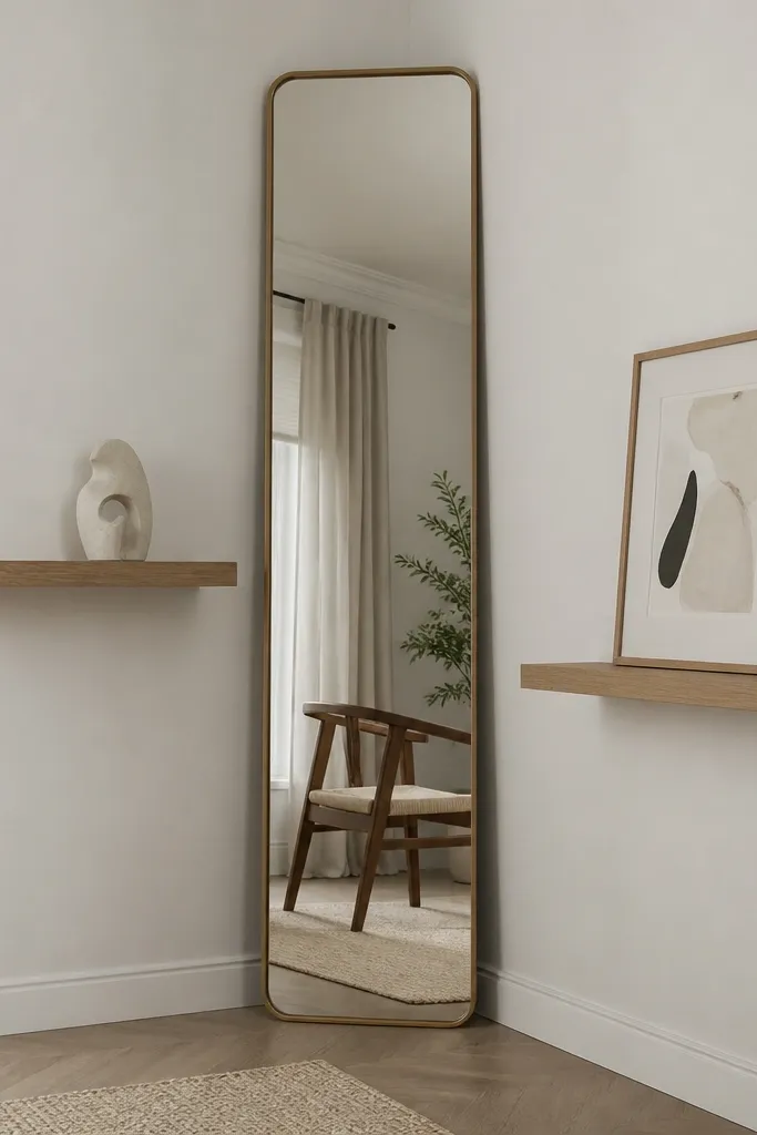 Two staggered floating shelves placed on either side of a tall corner mirror. The shelves hold a small sculpture and a framed print. The wall is soft white.