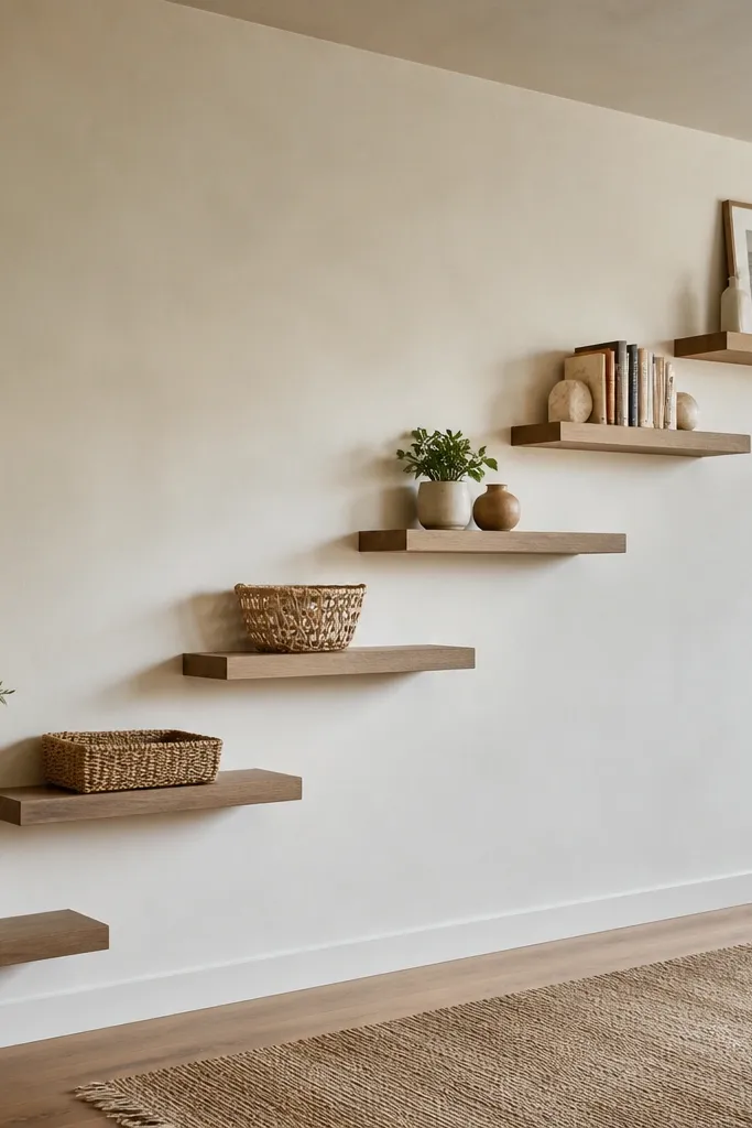 A long horizontal wall with six staggered floating shelves in a gentle staircase. The shelves display baskets on the lower tiers and books and frames on the higher tiers.