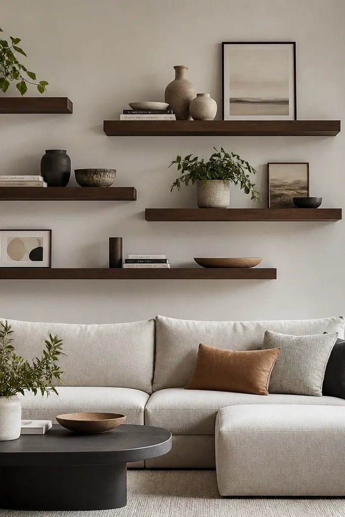 Floating Shelves Living Room modern staggered layout